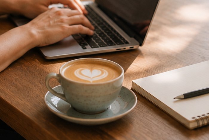 Hands typing on a laptop beside a latte and an open notebook
